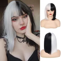FGY Half Black Half White 2 Color Short Straight With Bangs Ladies Synthetic Wig Curly Cosplay Halloween Costume Party Wig