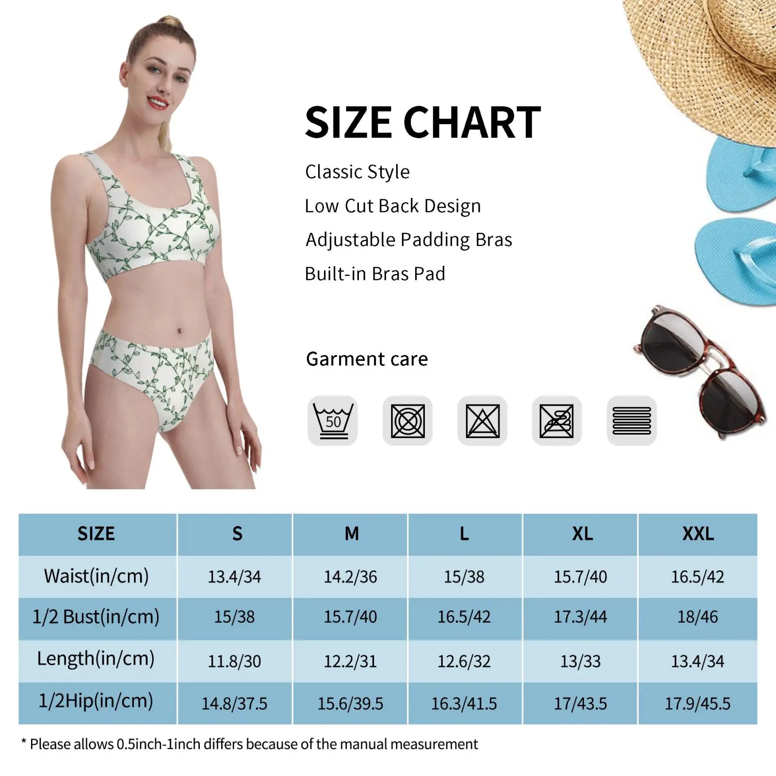 

Green Leaves Thread Pattern Swimsuit one piece Bikini Padded Hand Drawn Green Leaves Pattern Leaves Pattern Pen Art