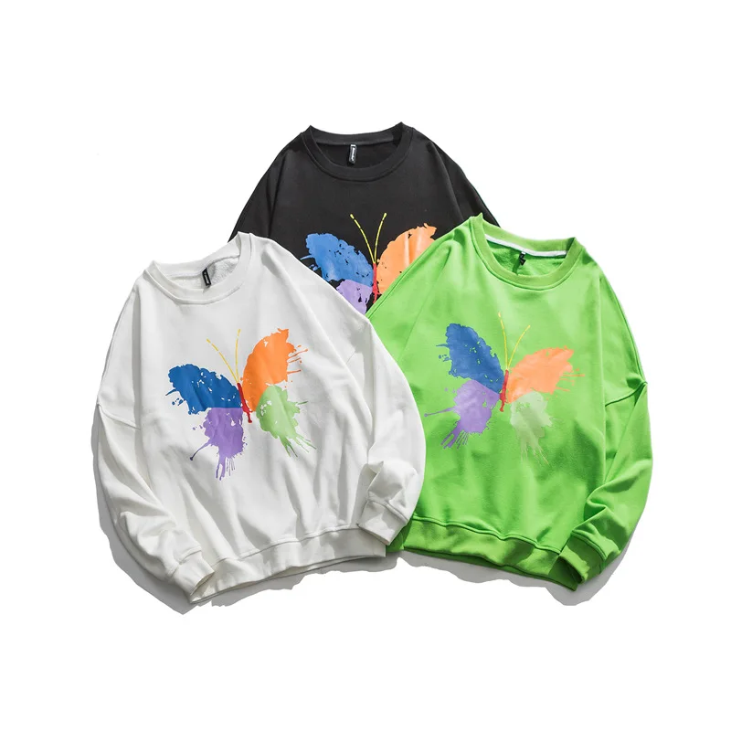 

100% Cotton New Rainbow Butterfly Printing Men's Hoodie Japanese Fashion Brand Pullover Fashion Ins Coat