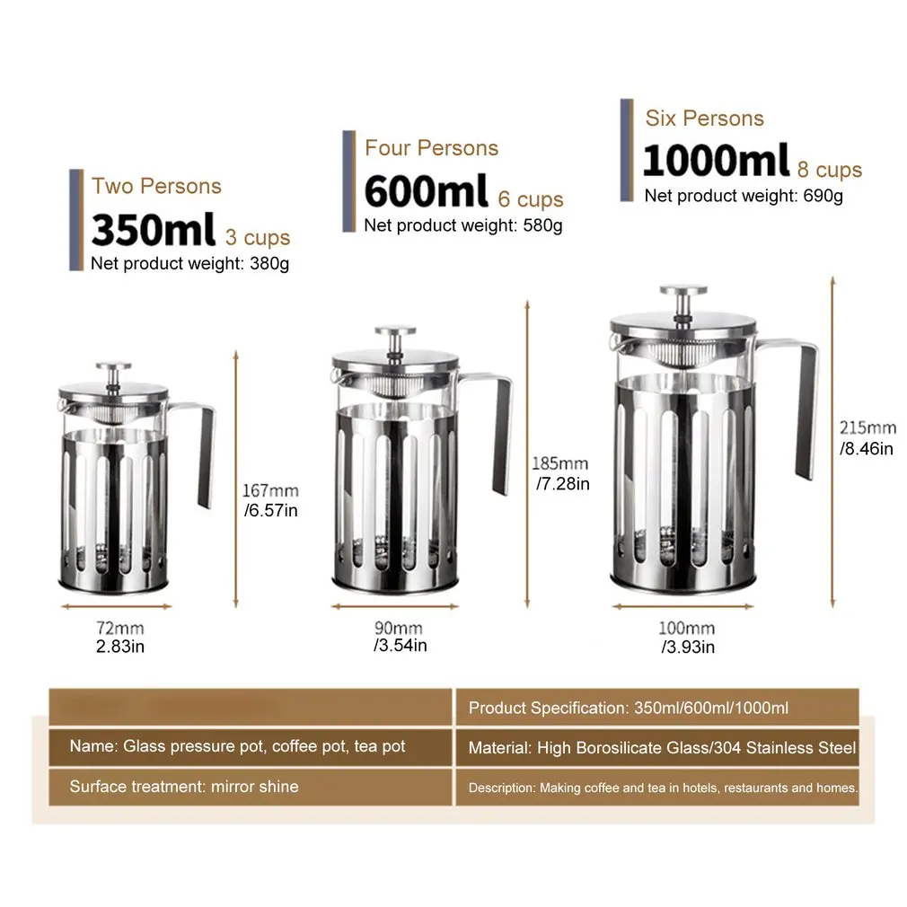 

Stainless Steel French Press Coffee Maker Cafetiere Percolator Tool Insulated Coffee Tea Brewer Pot with Filter Baskets 1 Cup CE