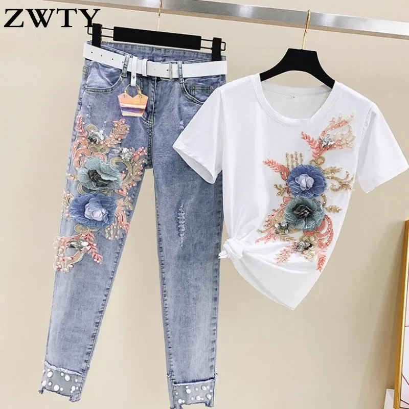 

ZWTY Summer Beading Women Sets Heavy Work Embroidery 3D Flower Short Sleeve T Shirt And Jeans 2pcs Clothing Female Casual Suits