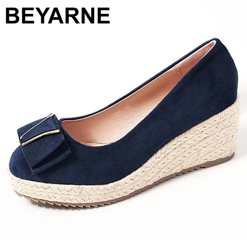 

BEYARNE 2021Women's Bow Same Suede Wedge Single Shoes Women's Shallow Mouth Espadrilles Spring and Autumn New Sandals High Heels