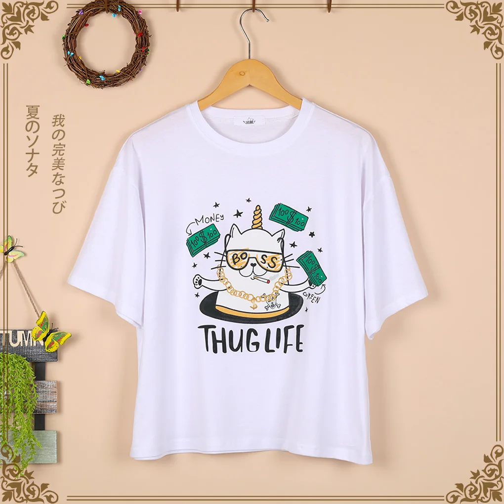 

Футболка женская с коротким рукавом, свободный хлопковый топ с принтом кошек, белая рубашка оверсайз, в Корейском стиле, на лето