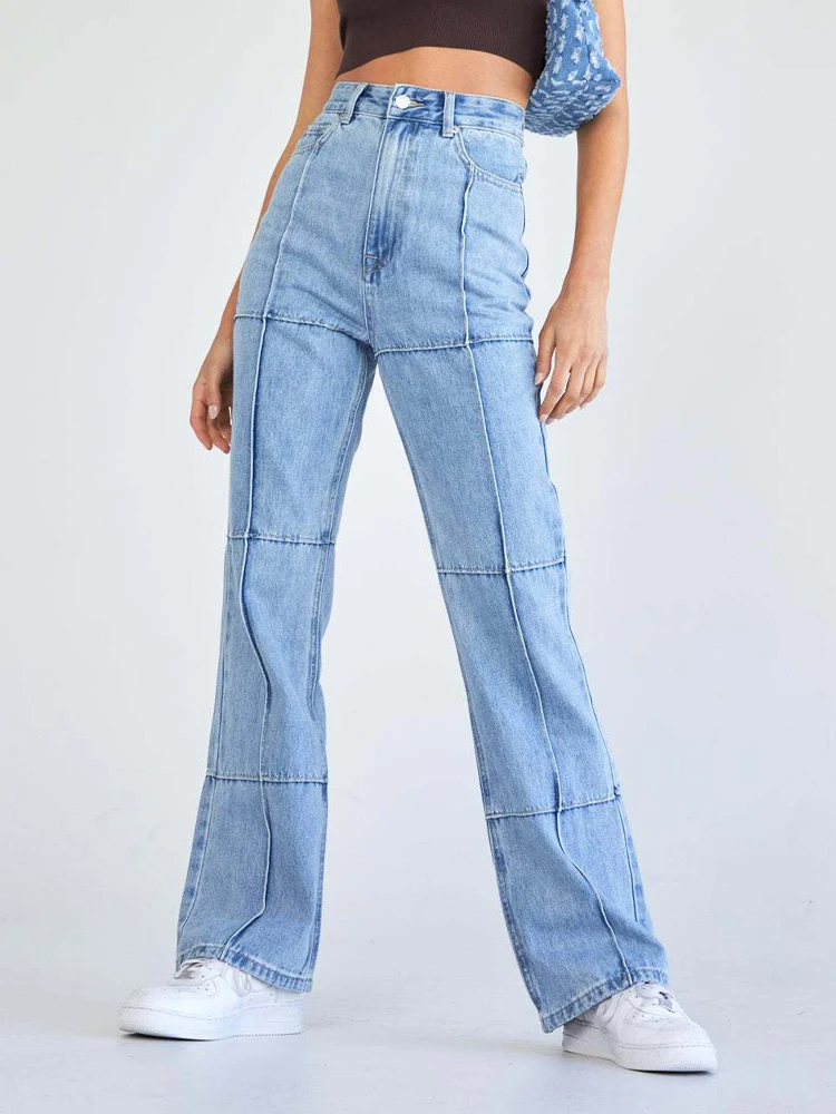 

Fashion Patchwork Jeans Women High Waist Loose Straight Denim Pants Pockets Boyfriend Streetwear Mom Vintage Y2k Casual Trousers