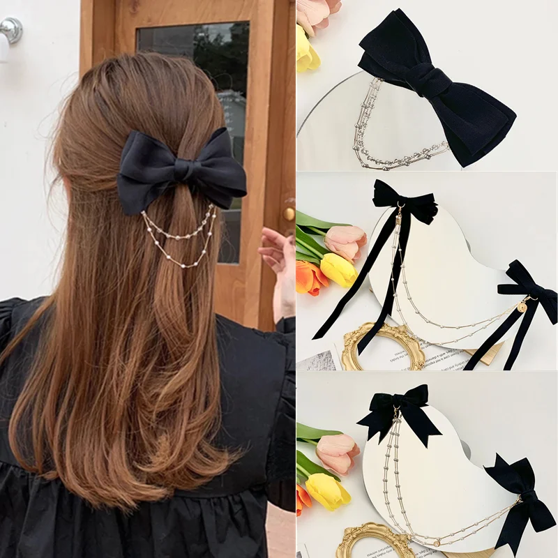 

Заколки SHUANGR с бантом и жемчугом на цепочке Заколки для женщин Стразы весенние заколки для волос ленточная повязка на голову аксессуары для ...