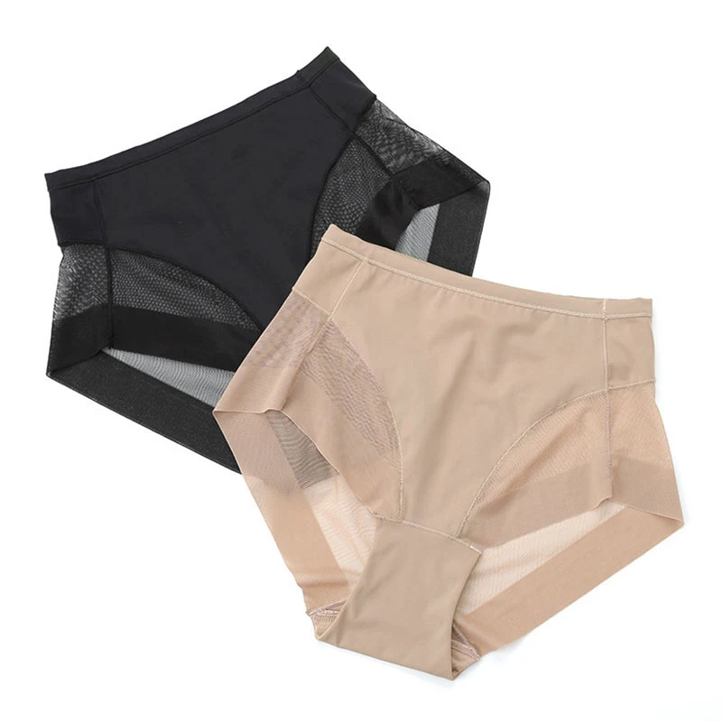 

Women High Waist Sexy Mesh Briefs Solid Color Simple Plus Size Physiological Underpants Breathable Body Shaper Slimming Panties