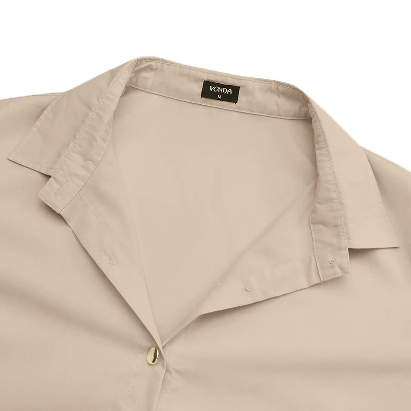 

VONDA Women Knee-Length Dress Casual Puff Sleeve Solid Button Up Dresses Vintage Pleated Lapel Collar Bohemian Vestidos Oversize