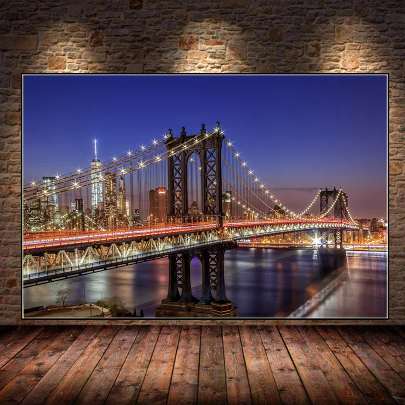 

Modern New York Manhattan Bridge Posters Night View Landscape Canvas Paintings Print Wall Art Pictures Living Room Home Decor