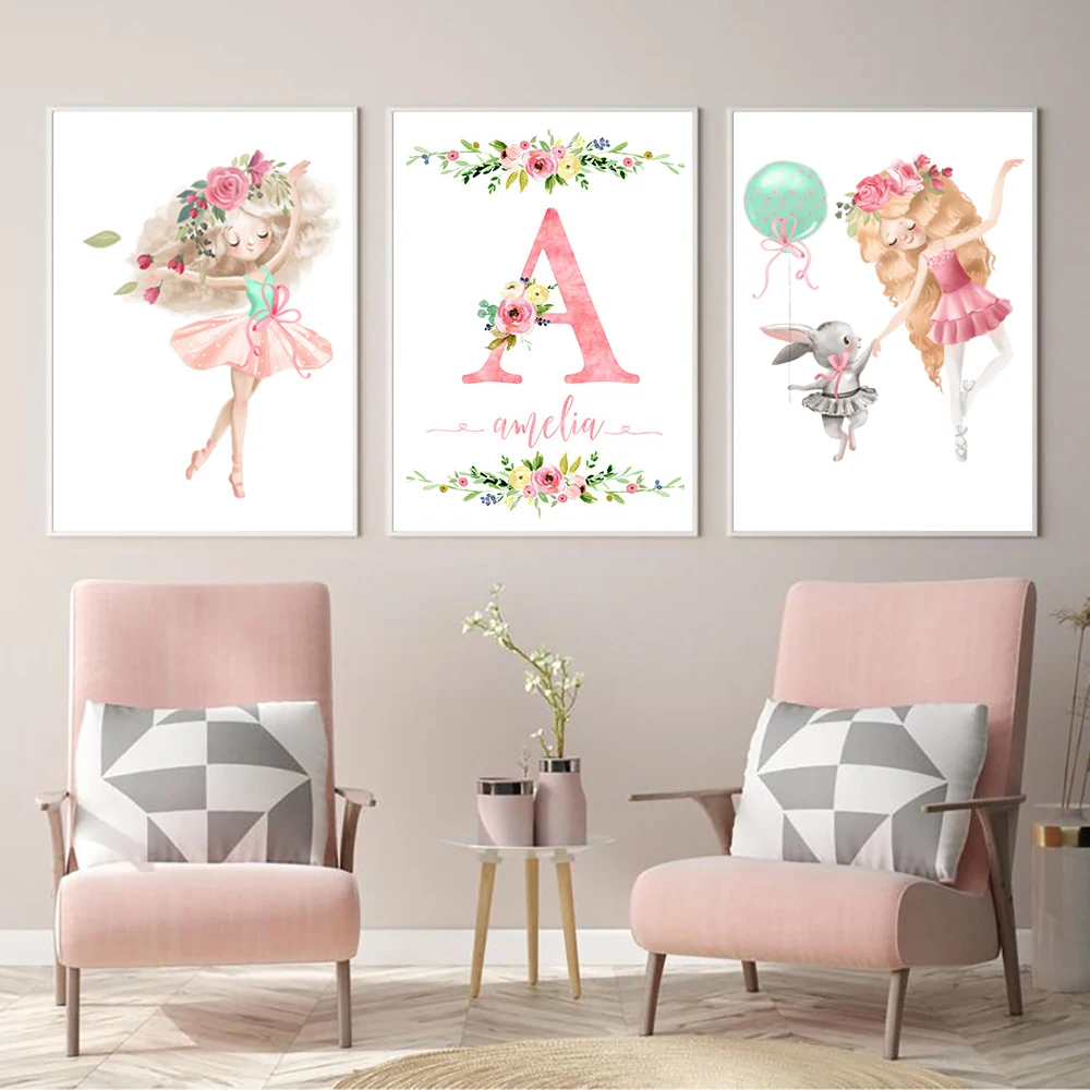 

Personalized Girl's Name Wall Art Canvas Painting Pictures Wall Art Custom Poster for Kids Nursery Prints Pink Baby Room