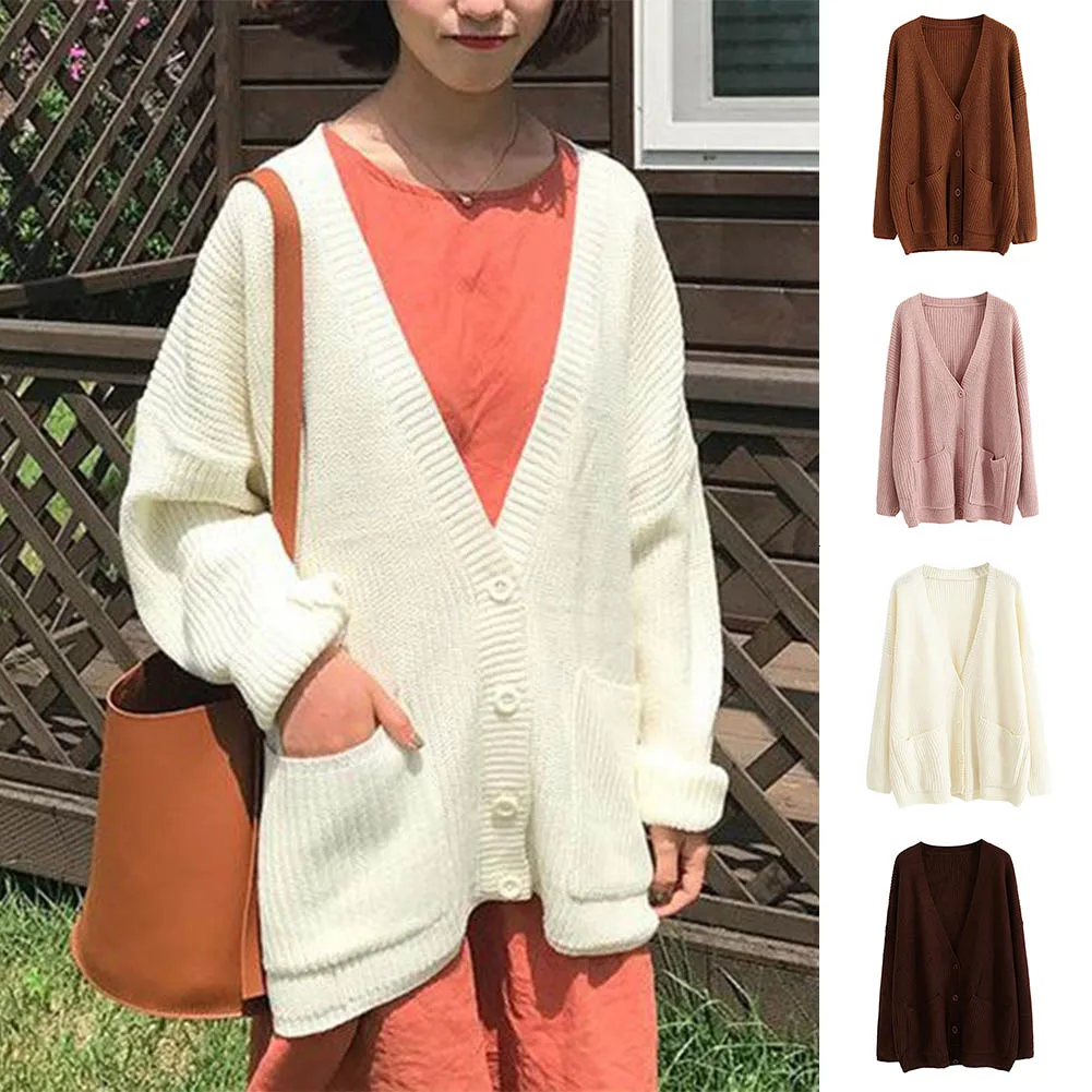 Женский вязаный свитер с длинным рукавом однотонный однобортный свободного кроя