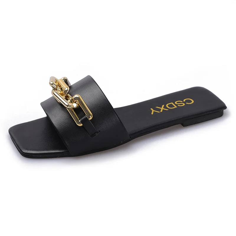 

2021 Metal Chain Slippers Women Slip On Slides Fashion Square Toe Leather Flat Sandals Female Outdoor Slippers Casual Flip Flops
