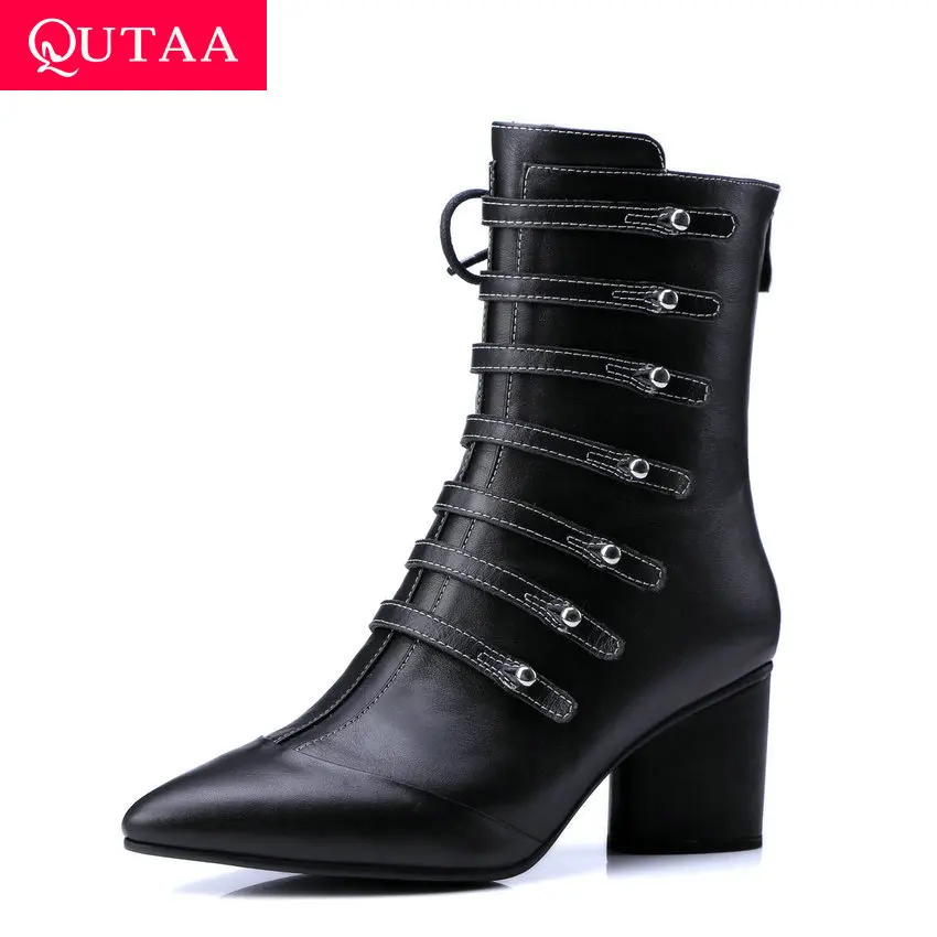 Женские ботильоны с острым носком QUTAA черные на высоком устойчивом каблуке со