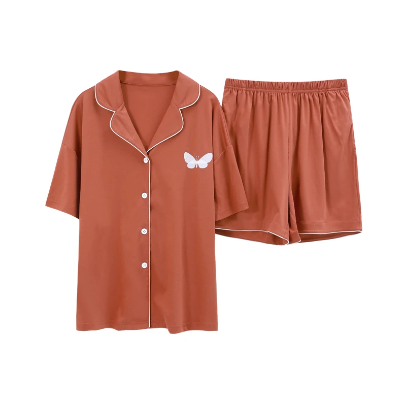 

Summer Cotton 2 Piece Butterfly Print Pajamas Set Women Lapel Shirts Shorts Sweet Cute Korean Style Solid Color Loose Homewear