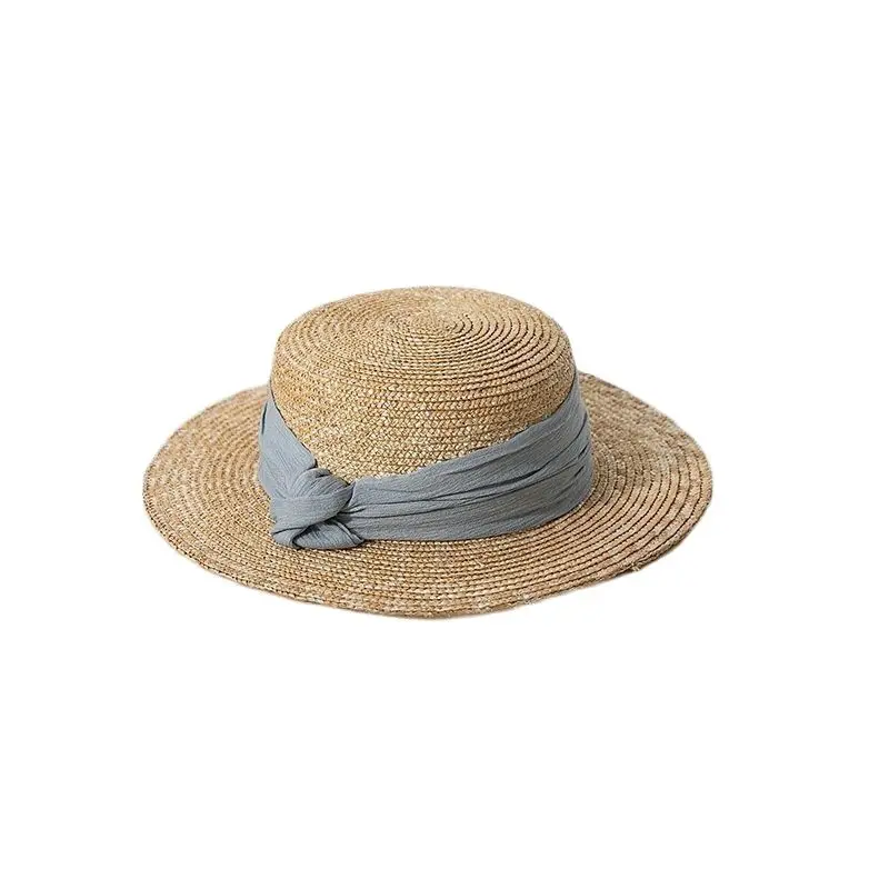 

Summer Outing Big Brim Wheat Stalk Color Ribbon Flat Top Hat British Style Sunscreen Ladies Straw cap