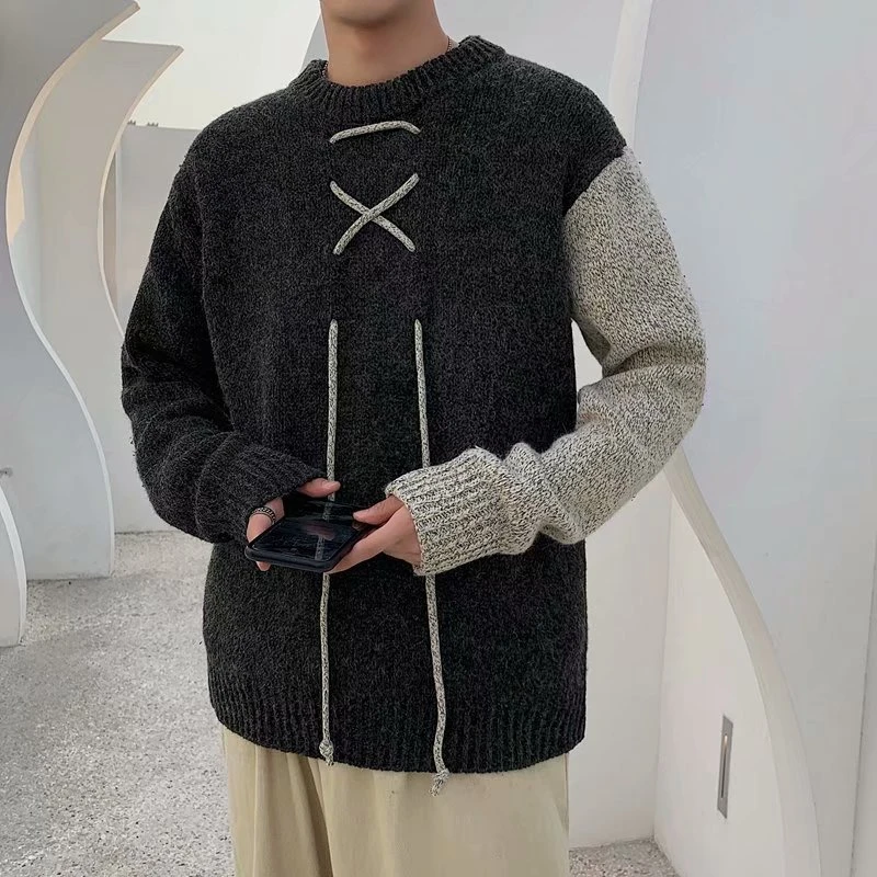 Fashion Spring Autumn Men Clothes O-neck Spliced Sweater Korean student handsome loose Harajuku style Knit Thick Warm pullover