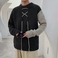 fashion spring autumn men clothes o neck spliced sweater korean student handsome loose harajuku style knit thick warm pullover