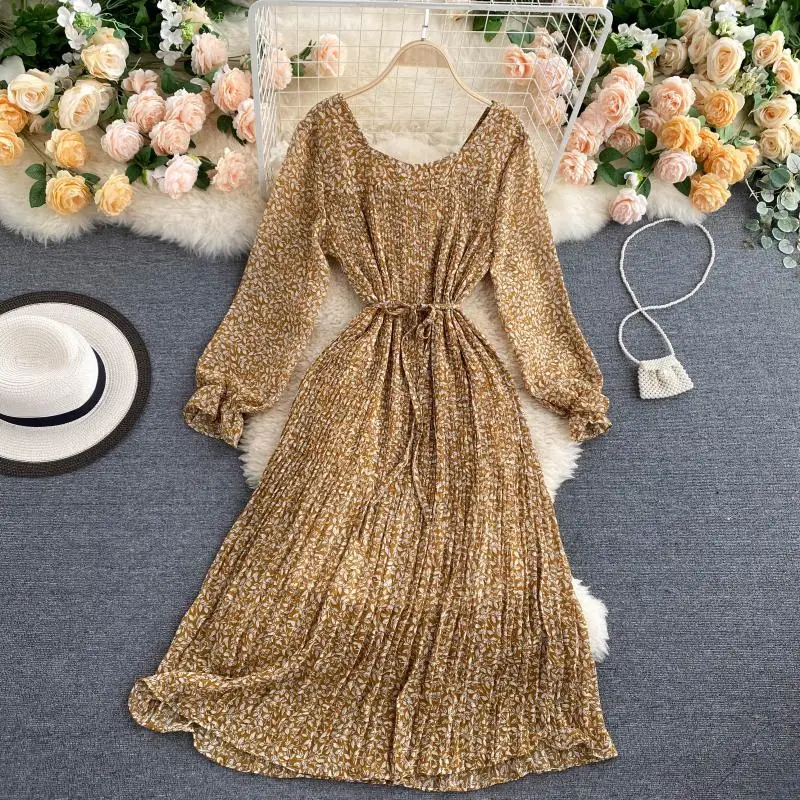 

Autumn Dress French A- line Skirt Vintage Floral Puff Sleeve Lace-up Waist-Controlled Slimming Sweet Pleated Midi Dress