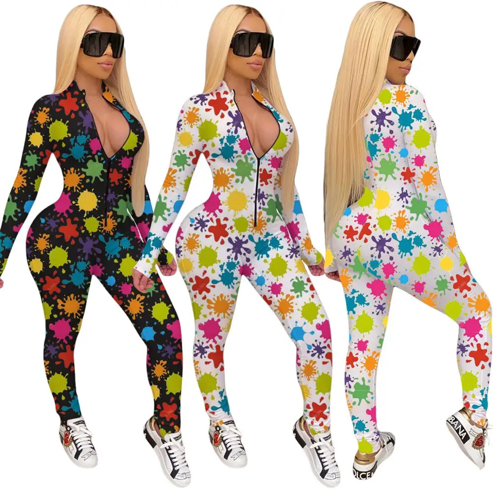 

New European autumn graffiti print slim fit Jumpsuit casual V-neck zipper Long Sleeve Shirt Pants