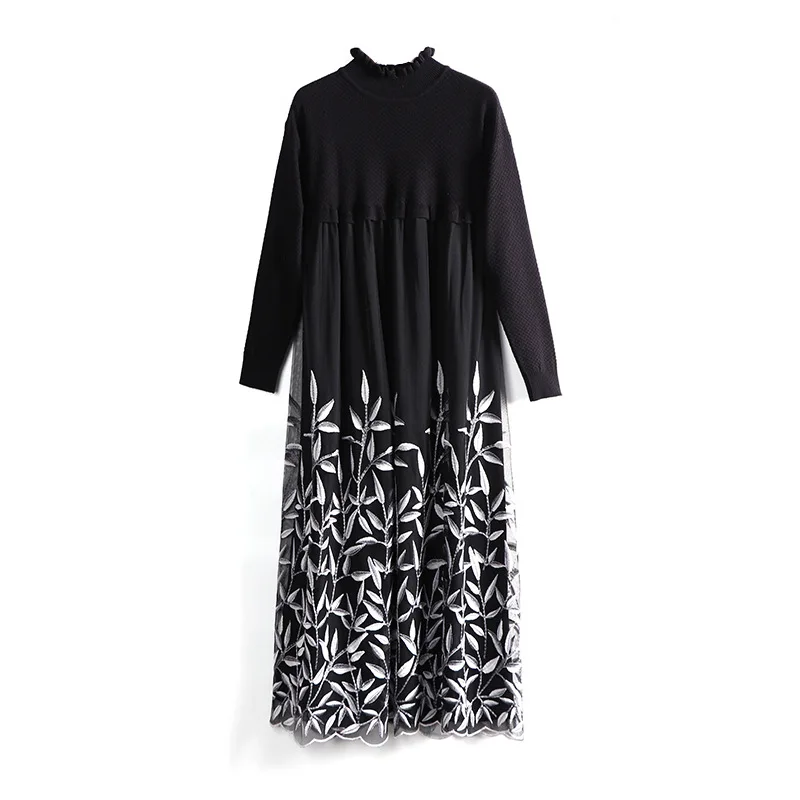 

High Quality New Long Sweater Dress 2020 Autumn Winter Knit Wear Women Leaves Embroidery Mesh Patchwork Casual Knitted Dress XXL