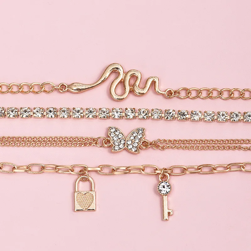 

Fashion Butterfly Rhinestone Key Lock 4 Piece Combination Set Bracelet for weman Bohemia Beach Holiday Jewelry