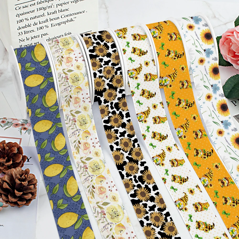 Подсолнухи с милым рисунком атласная лента в рубчик Пчелой для рукоделия Бант