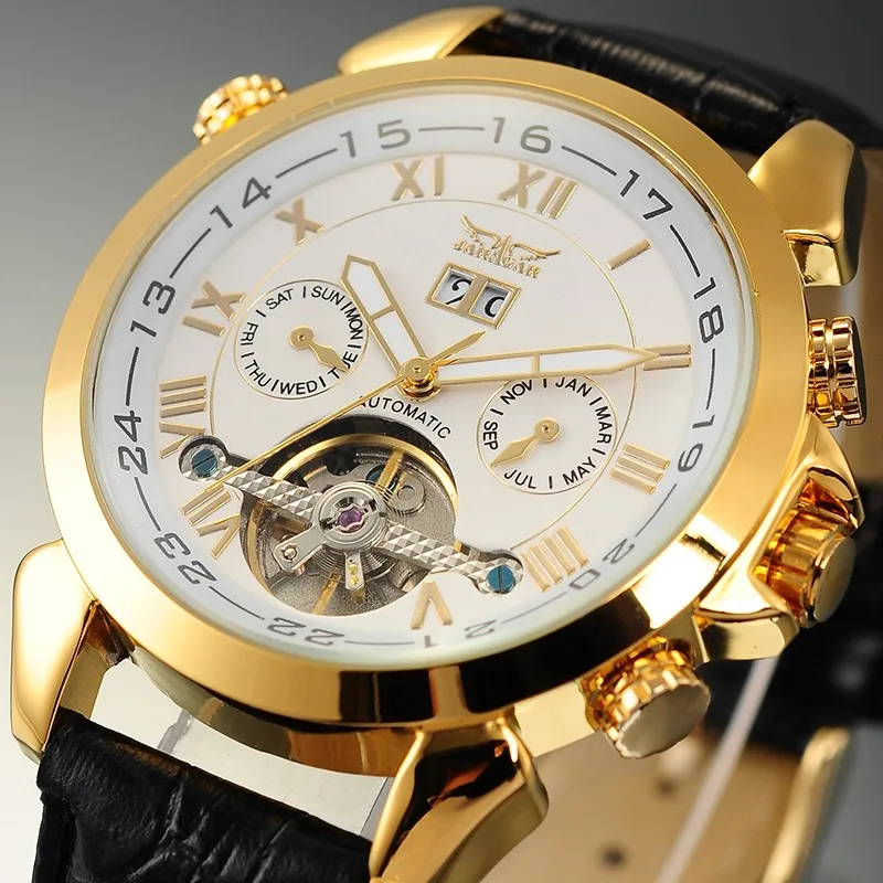 Модные JARAGAR, мужские Брендовые Часы, дата, кожа, Tourbillon, маховик, авто механические мужские часы, наручные часы, подарочная коробка