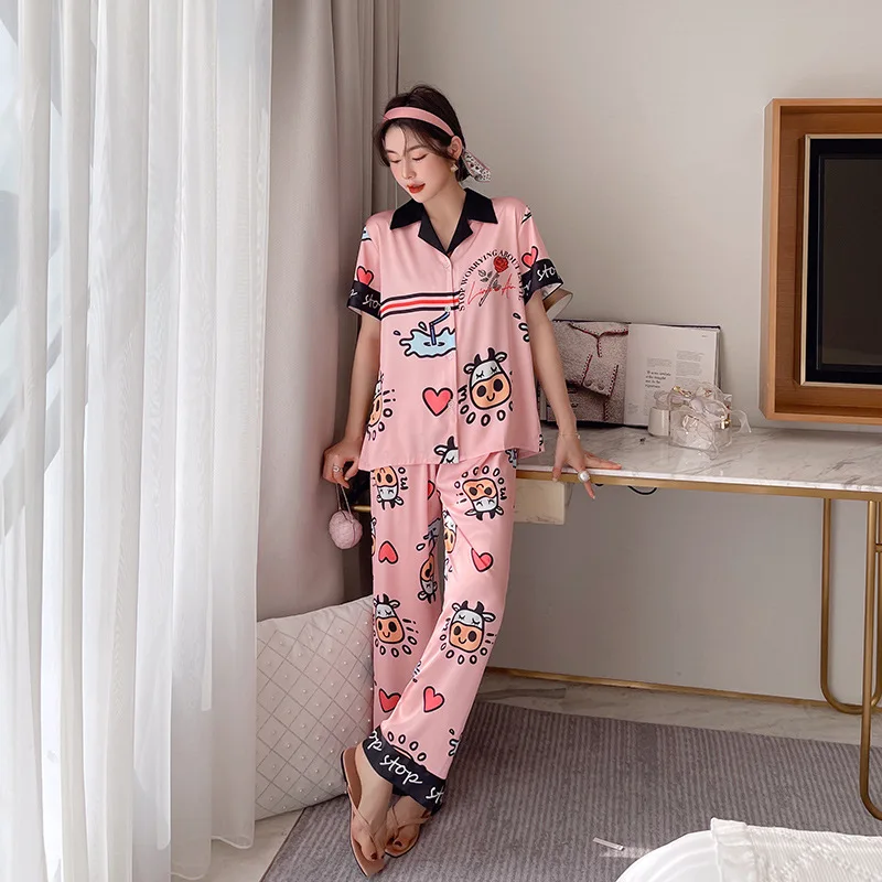 

New Fashion Women's Pajamas Cute Short-Sleeved Trousers Cow Printed Homewear Comfort and Casual Sleepwear Two-Piece Set Summer