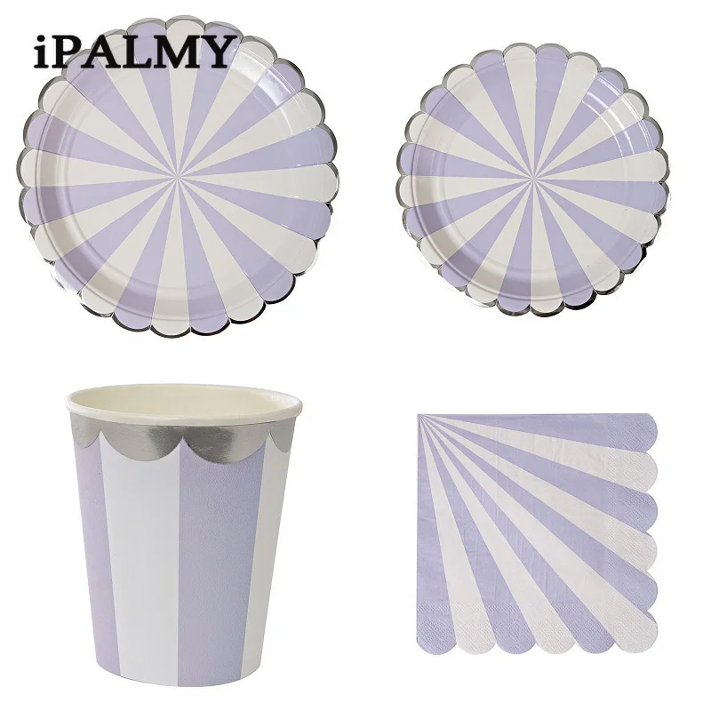 Ipalmay розовые фиолетовые зеленые Полосатые Бумажные обеденные тарелки столовая