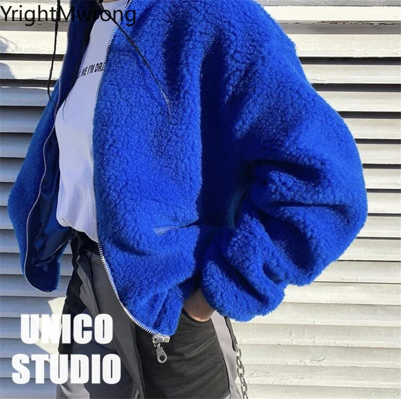 Зимняя теплая Толстая имитация овечьей шерсти плюшевая синяя модная куртка на