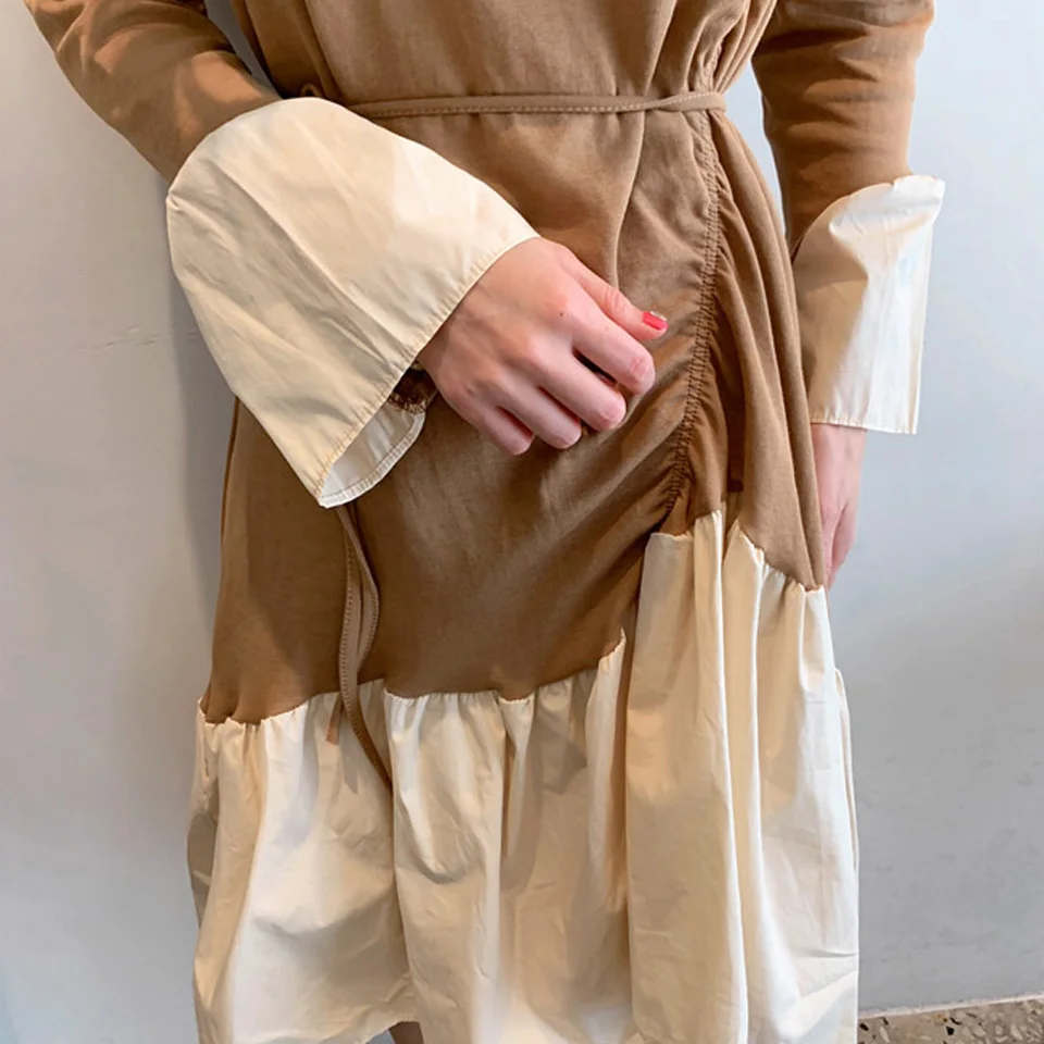 

High Street Dress 2019 Autumn Casual Dress Solid Color Long Sleeve O-Neck Knit Stitching Loose Hem Elegant Dress Women