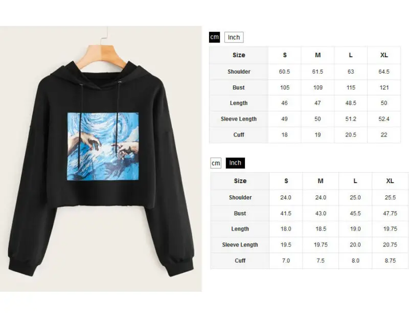 

Fashion Women Sweatshirt Hoodies Casual Ocean Print Solid Loose Drawstring Sweatshirts Lady Black Long Sleeve Hooded Female Tops