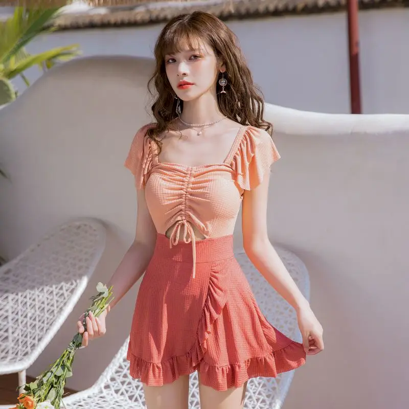 

Women Swimsuit One-piece V-neck Drawstring Korean Female Conjoined Beachwear Gauze Flounce Rims Together Short Elegant Trend