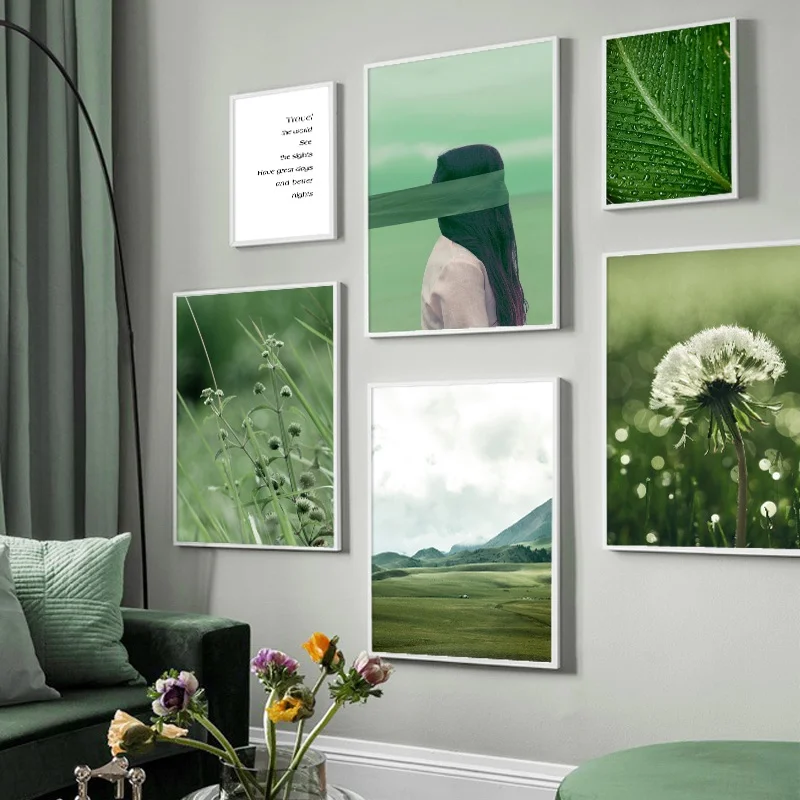 Зеленые листья травы Одуванчик Девушка настенная живопись холст скандинавские