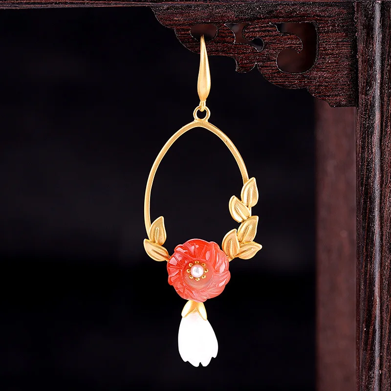 Украшения бутика KJJEAXCMY - серьги из ювелирного серебра S925 с покрытием золотом, украшенные южно-красным яшмой Хэтянь.