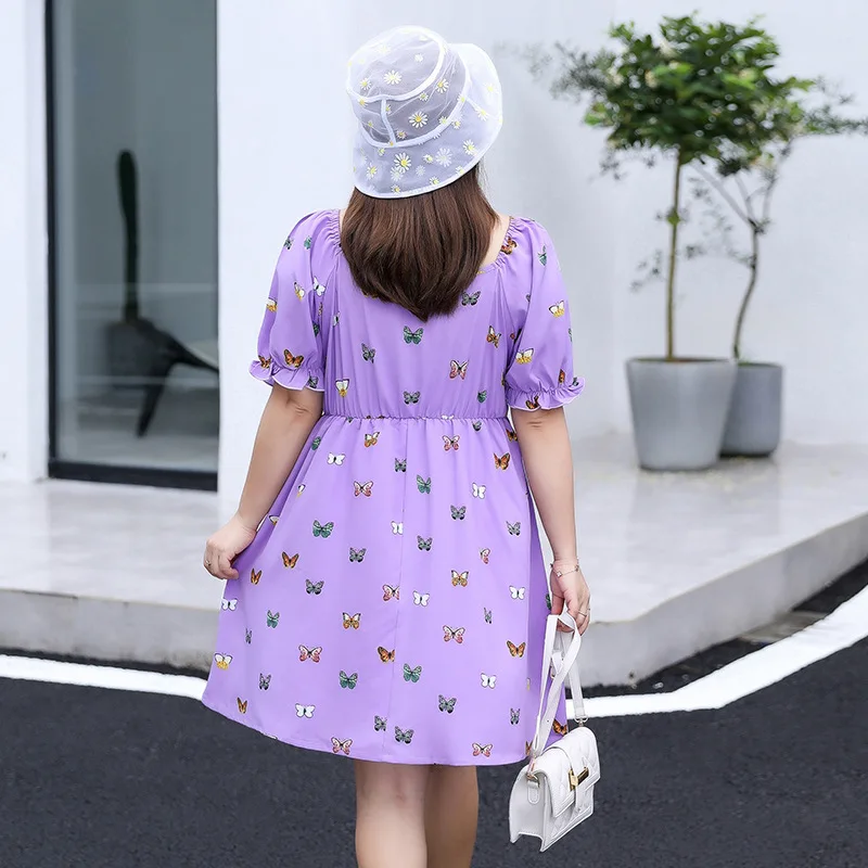 

Butterfly Print Dress Summer Casual Fashionable Purple White Slash Collar Short Sleeve 4xl Plus Size Clothing for Ladies Girls