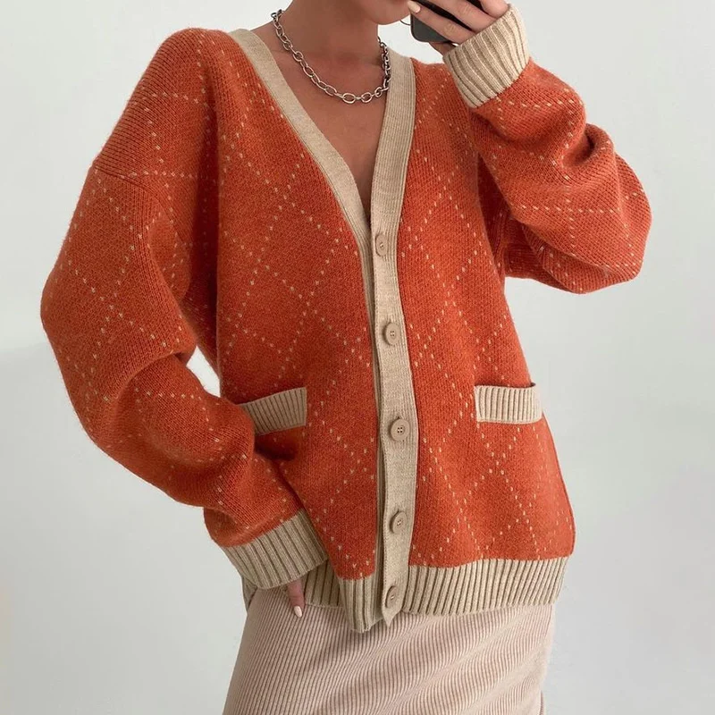 

Rhombus V-Neck Women's Sweater 2021 Autumn Single Breasted Cardigan Pocket Long Sleeve Loose Sweaters Casual Knitted Sweaters