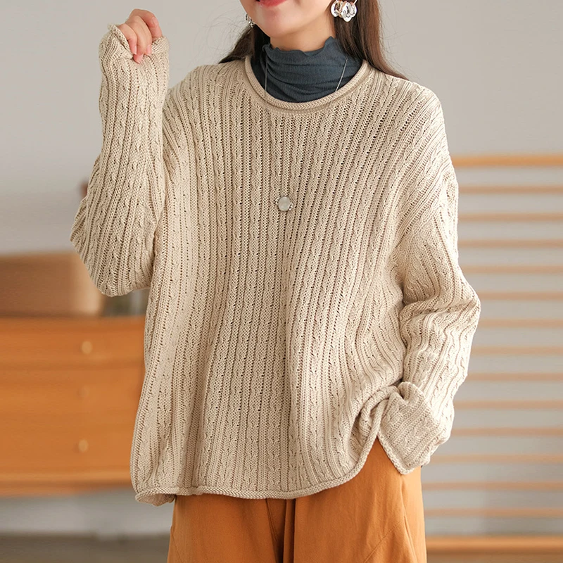 

NINI WONDERLAND Women Cotton Knit Simple Vintage Pullover Sweater 2021 Autumn Long Sleeve Loose Casual Sweaters Tops Mori Girls