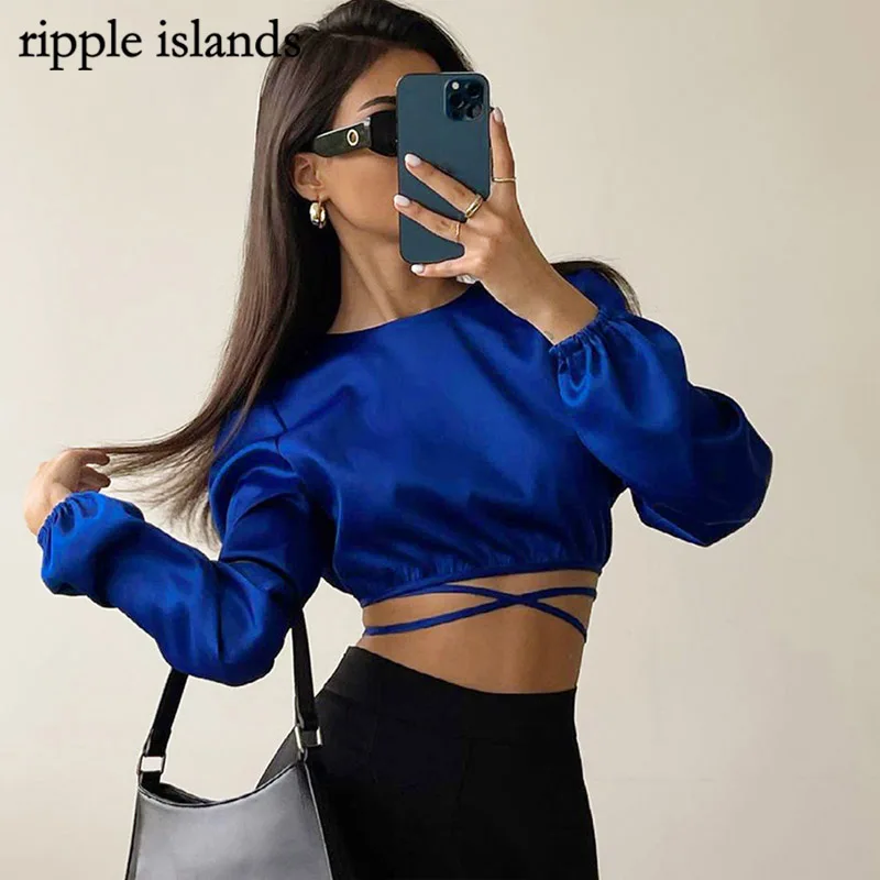 

Ripple Islands-Y2K Top Women Crop Top Klein Blue Top Lace-up Back Design Short Sexy Navel Long Sleeve Top Shirt Satin Silk