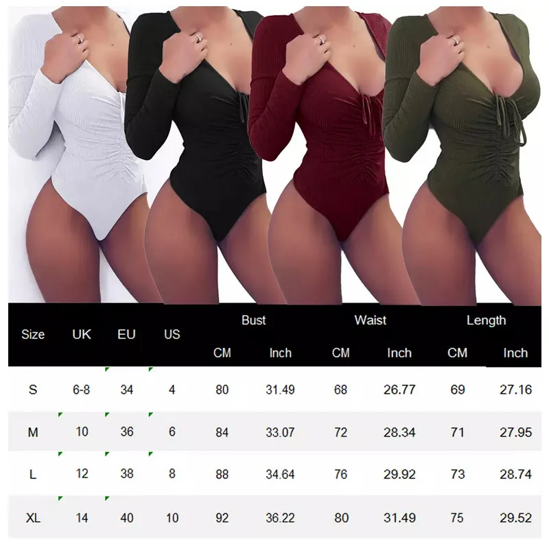 

Women's Bodycon Bodysuit V Neck Long Sleeve Bandage Jumpsuit Leotard Top Female Crochet V Neck Lace Up Bodysuit Mujer