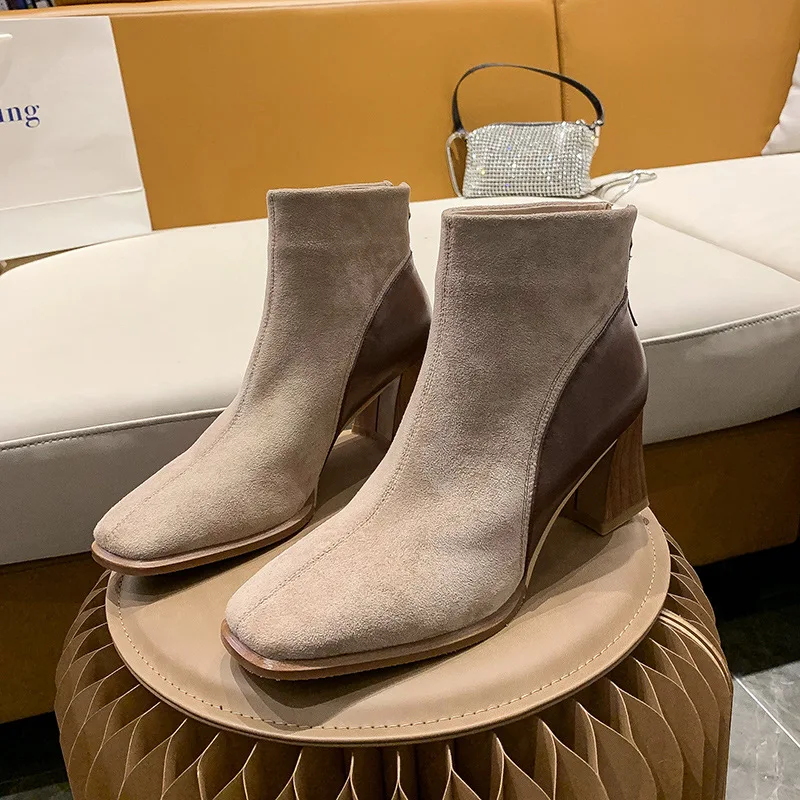 

New Women Boots Ankle Boots Faux Suede High Heels Ladies Short Boots Concise Square Toe Breathable Female Shoes Winter Warm 2021