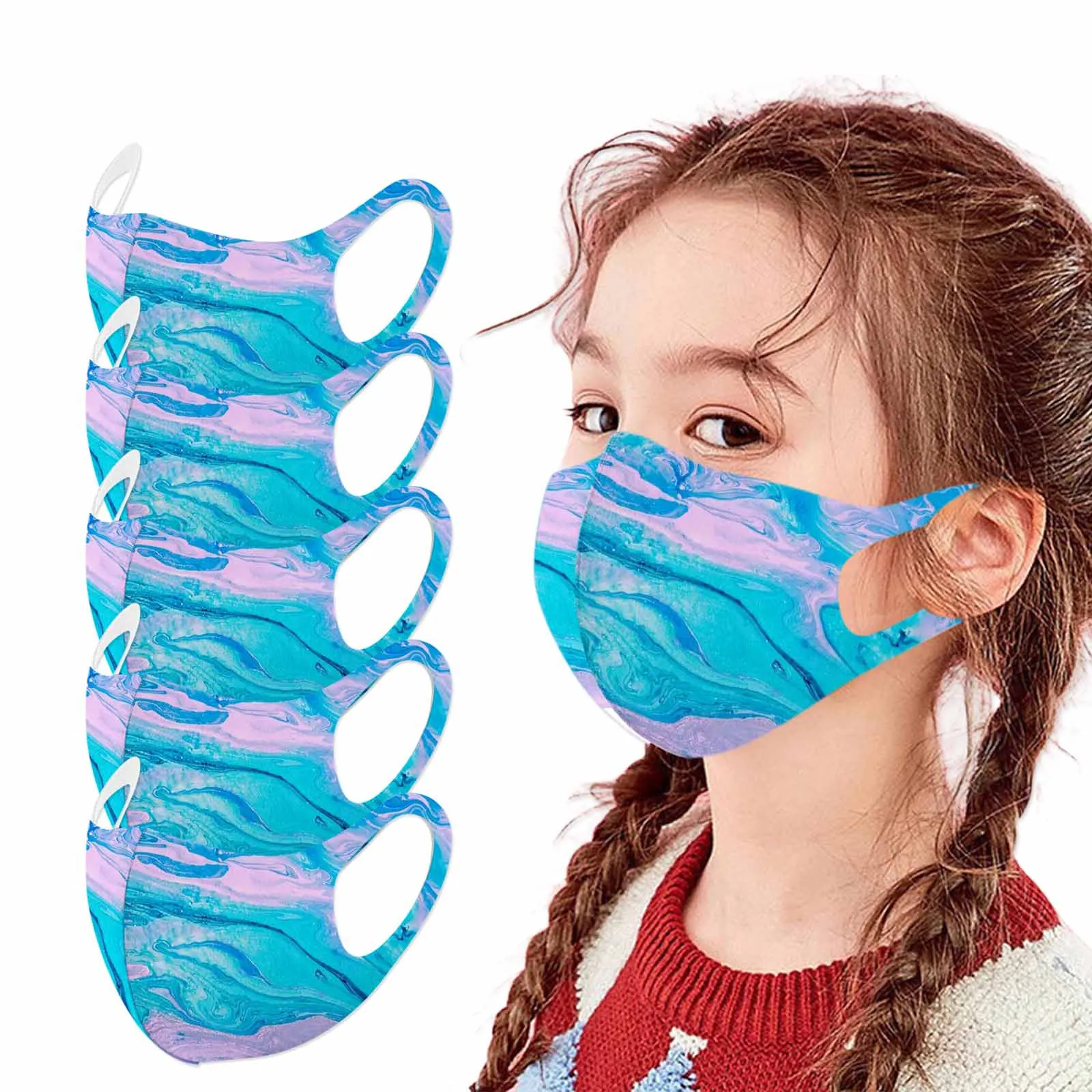 

5pc Children Washable Face Mask Colored Print Reusable Mask For Kids Child Elastic Masks Decoration Masques