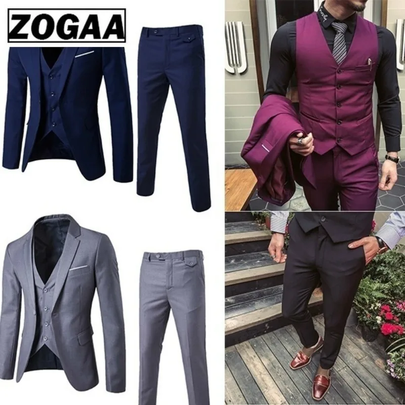 

ZOGAA, нарядный костюм, модный костюм Бизнес Slim Fit Свадебный костюм для жениха Однотонная одежда, 3 предмета в комплекте, костюмы для мужчин пов...