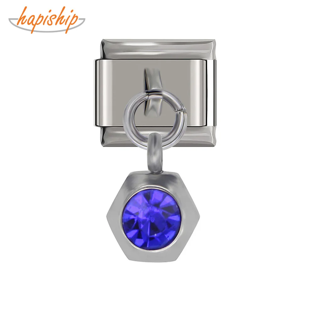 Hapiship 2019 Newest Original Daisy Hexagon Blue Rhinestone High-end Charm Fit 9mm Bracelet Stainless Steel Jewelry Making DJ24 | Украшения