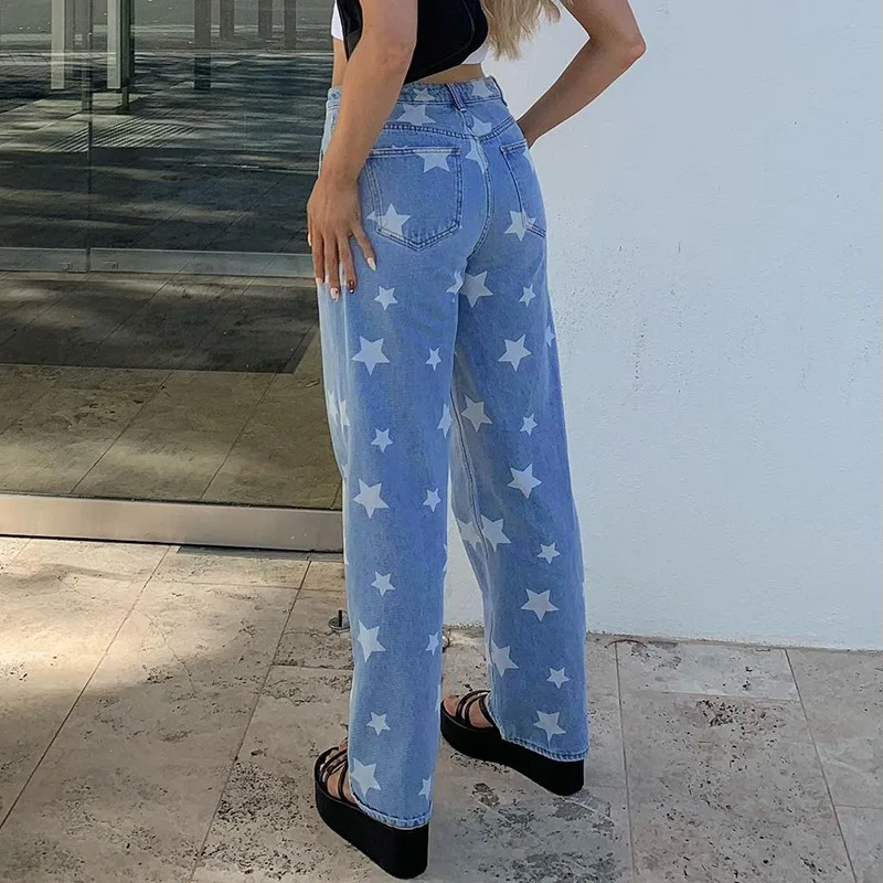 

2021 Fashion Star Print Blue Jeans Pants Women Streetwear Y2K Casual High Waisted Straight Trousers Ladies Vintage Denim Pants