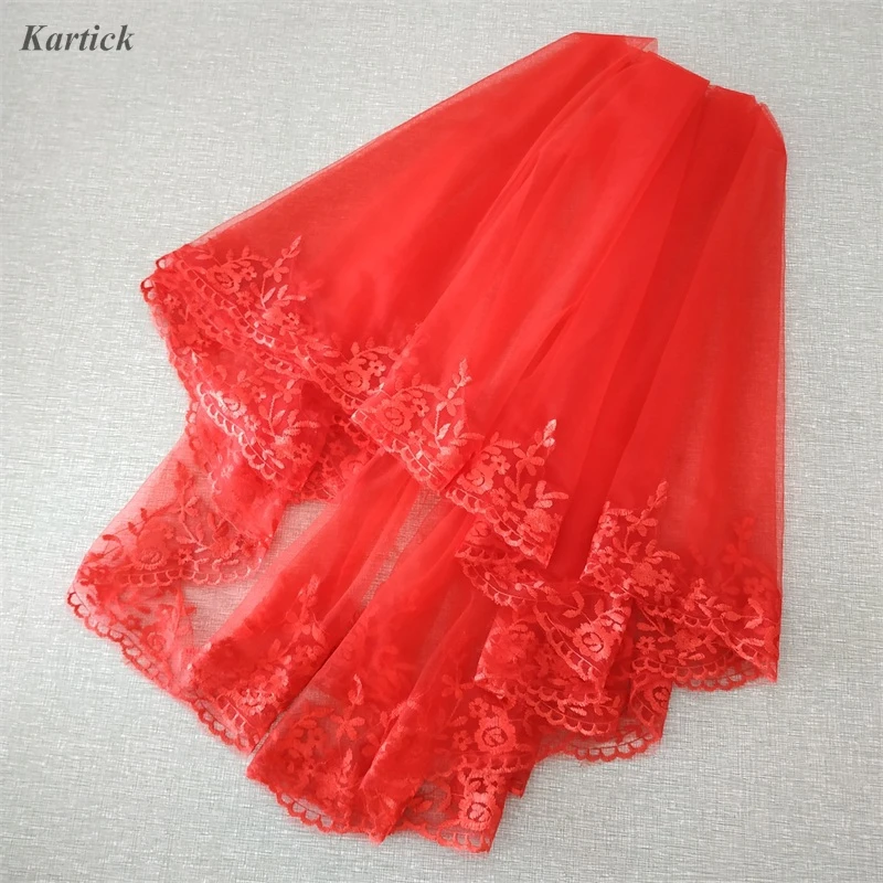 

Perfect Short Wedding veils with Comb White Ivory Red Two Layers Bride Veil New Lace Edge Mariage Wedding Accessories In Stock
