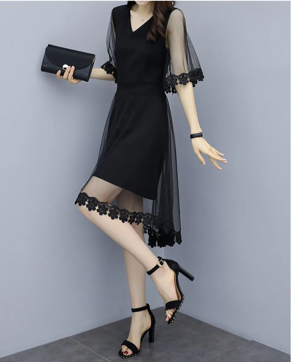 

BacklakeGirls Front Short Back Long Plus Size Women Dresses 2020 Slim Black Lace Hollow Out Mesh Cocktail Dress Robe Cocktail