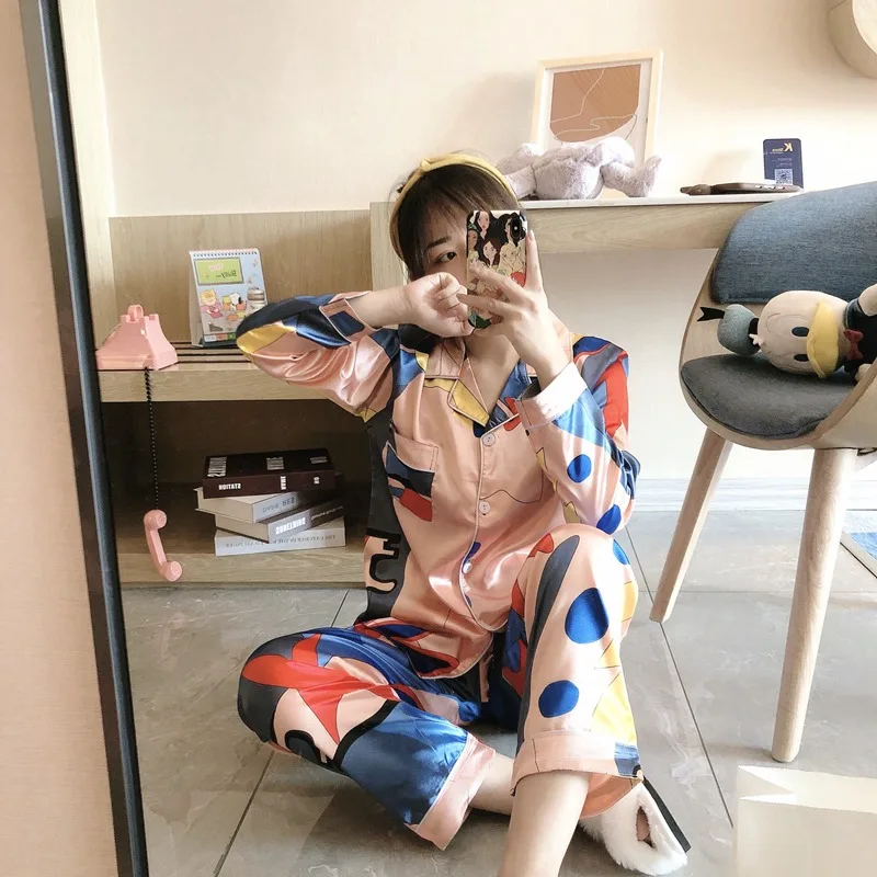 

2020 New Autumn Silk Satin Pajama Sets For Women Long Sleeve Sleepwear Suit Pyjama Loungewear Homewear Pijama Mujer Home Clothes
