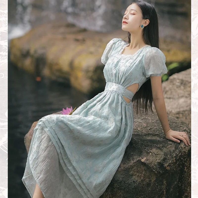 

Korejepo Women Dress 2021 Summer New French Retro Sweet Elegant Green Jacquard Square Collar Puff Sleeve Waist Hollow Long Dress
