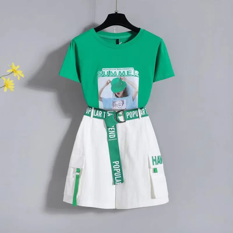 

SONDR 2021 New Fashion Women Two Piece Fresh Solid Print Casual + Elastic Waist Shorts Set