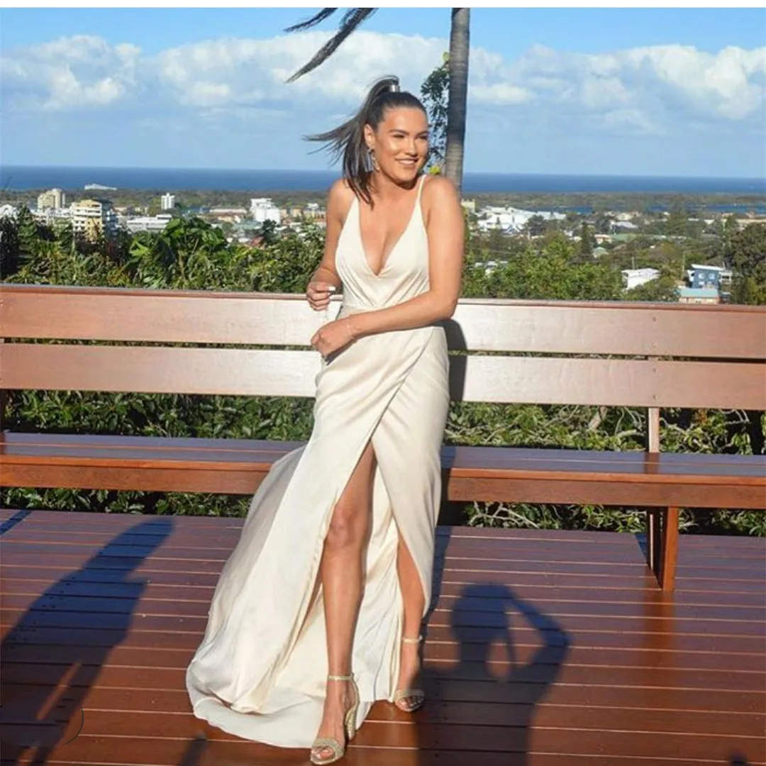 

Женское атласное Плиссированное вечернее платье цвета слоновой кости, длинное вечернее платье с глубоким вырезом, длинное платье для вечеринки